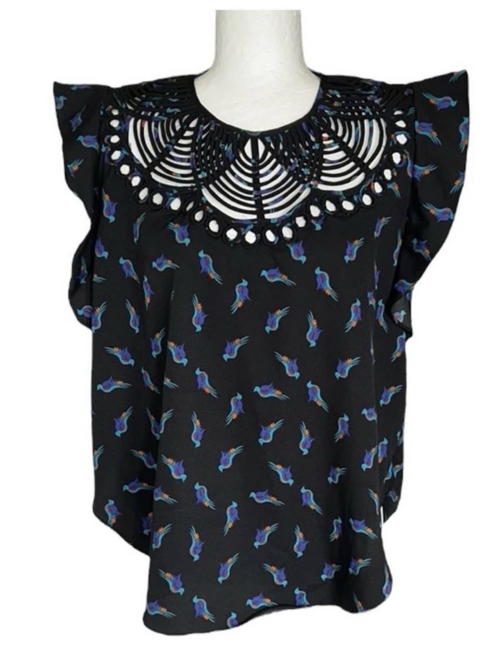 Anthropologie Rana Gill Black Cutout Yoke Blouse with Blue and Purple Bird Print